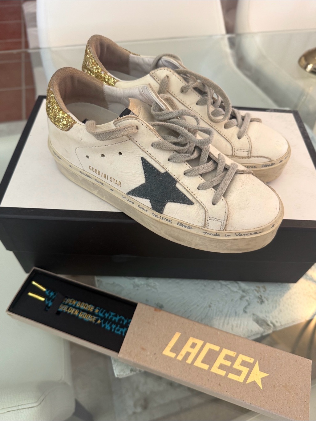 Golden Goose White Leather Sneakers With Black Star & Gold Glitter Heel